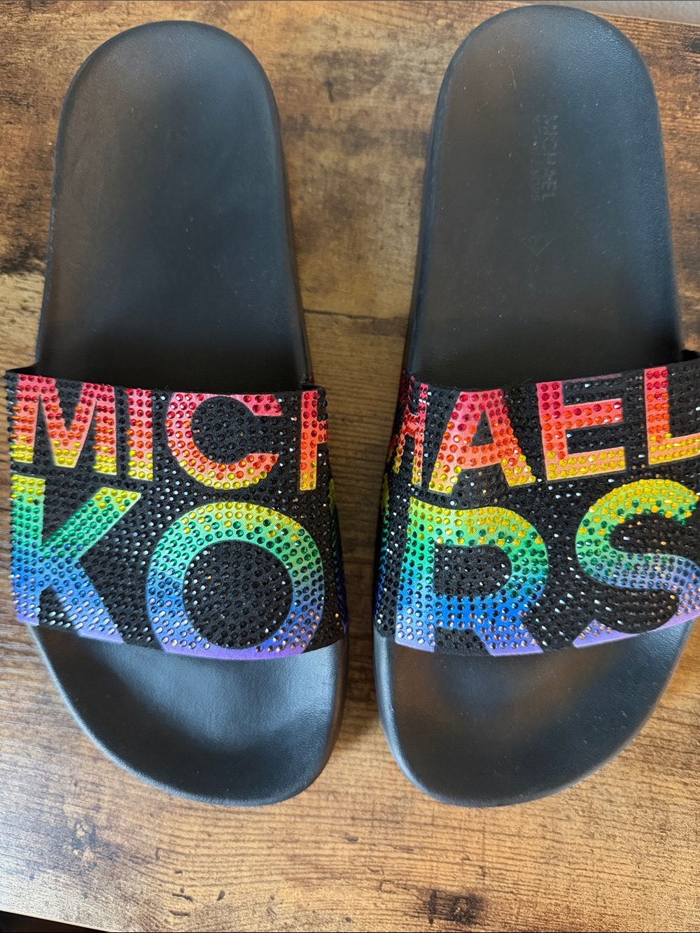 Michael Kors Black Slides with Rainbow Crystal Logo